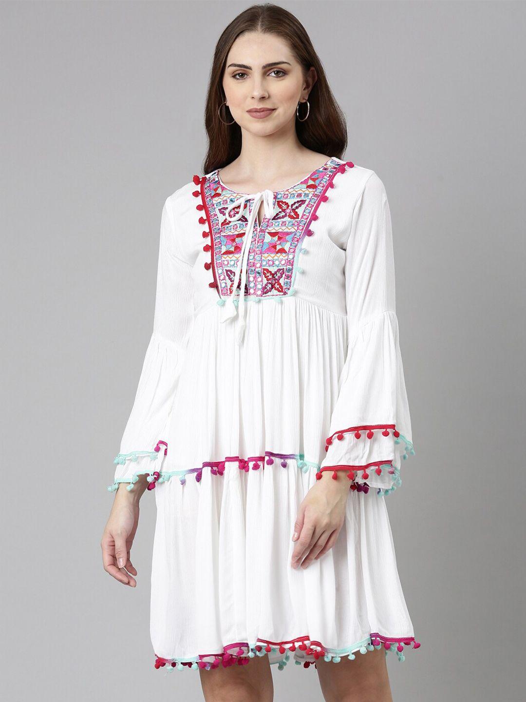 showoff embellished embroidered gathered & pom pom lace cotton fit & flare dress