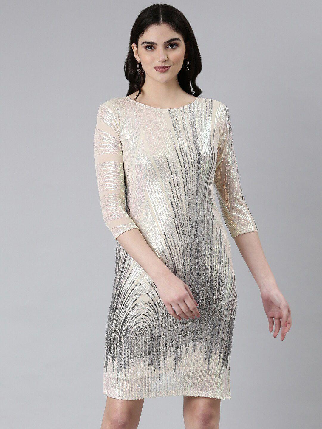 showoff embellished round neck sequinned sheath dress