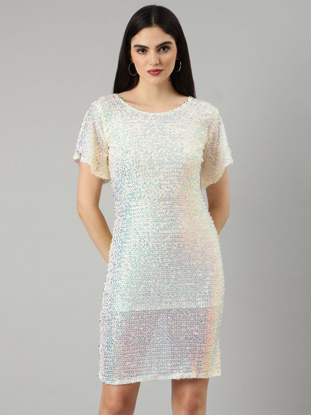 showoff embellished sequined flutter sleeves net a-line dress