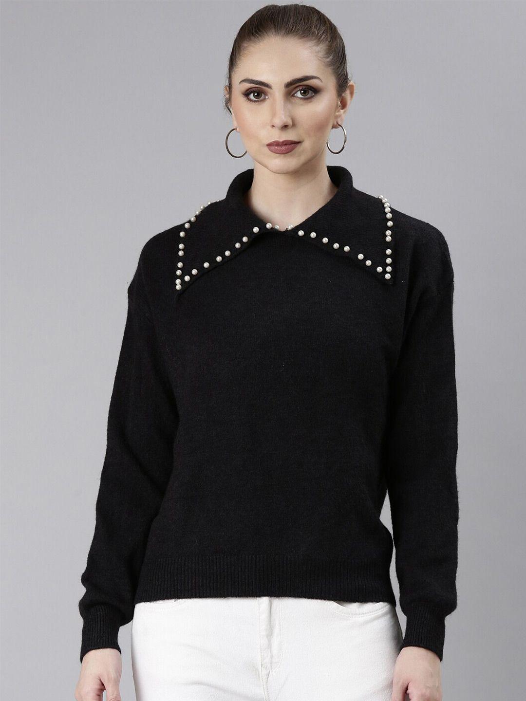 showoff embellished shirt collar acrylic top