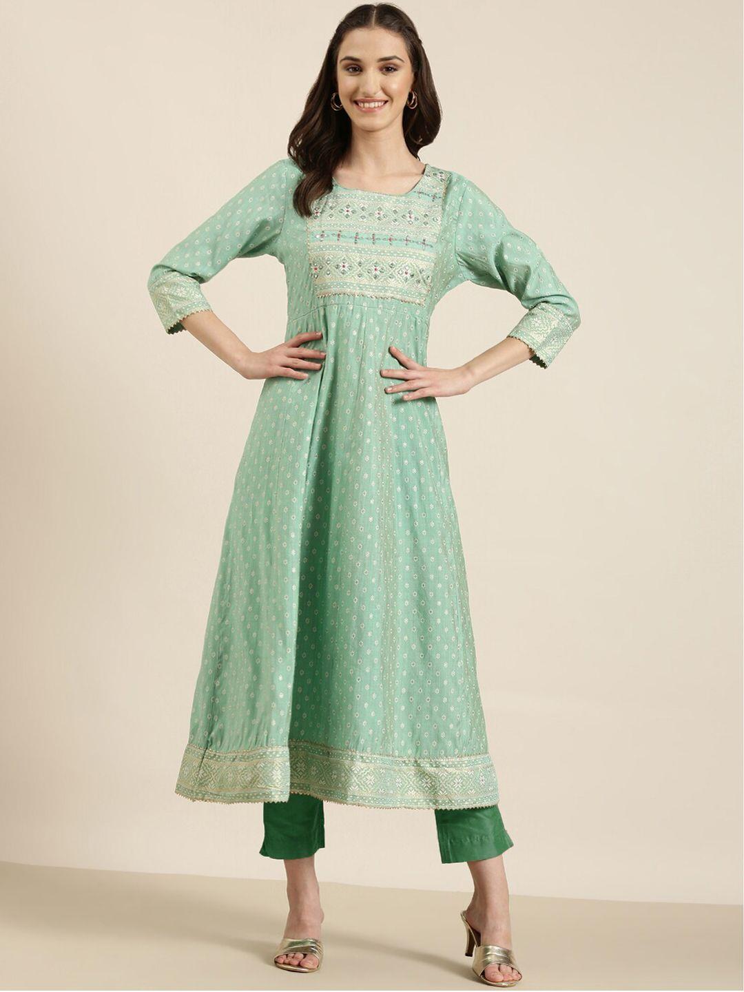 showoff ethnic motif printed thread work cotton silk anarkali kurta