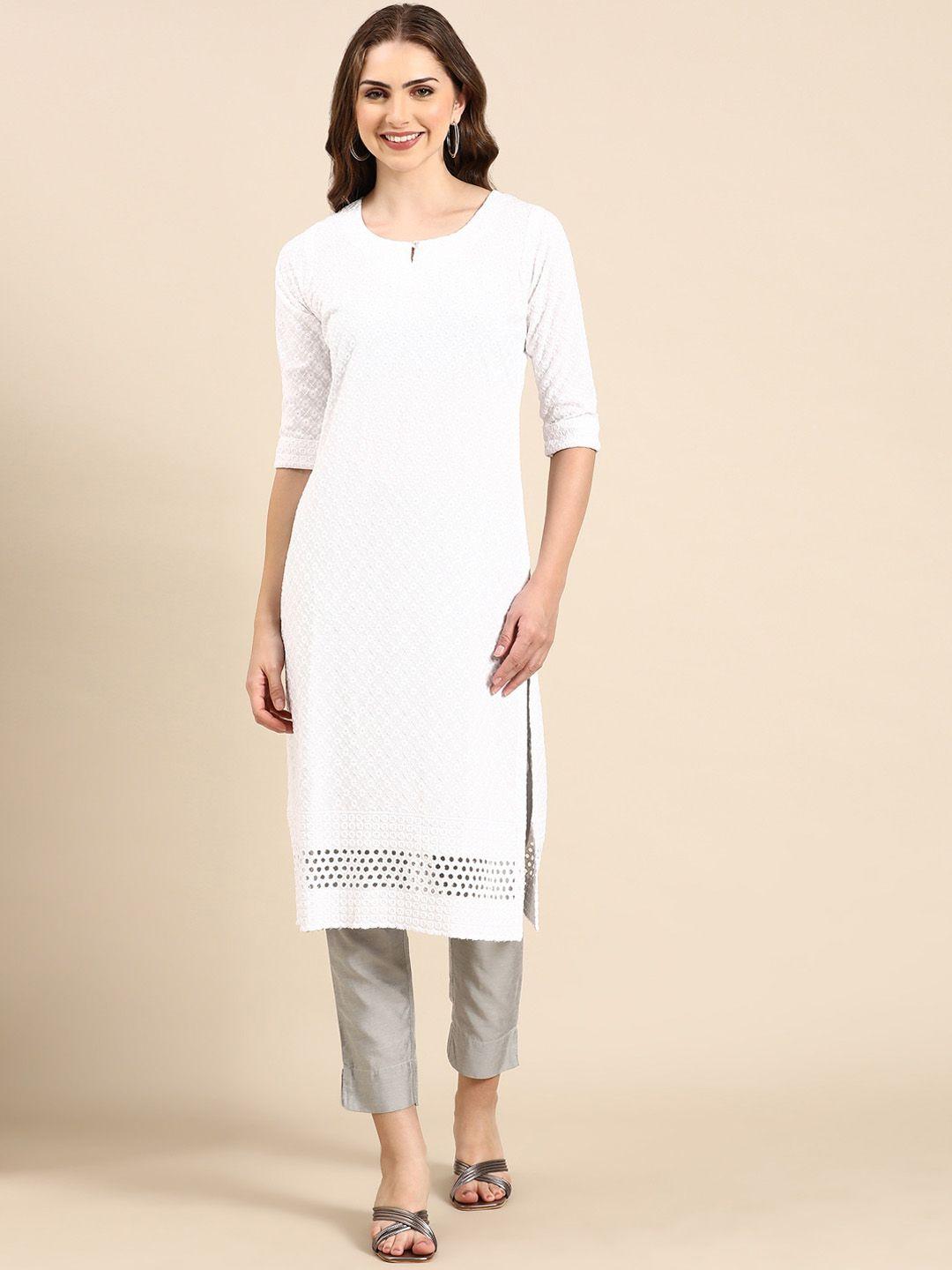 showoff ethnic motifs embroidered keyhole neck thread work kurta