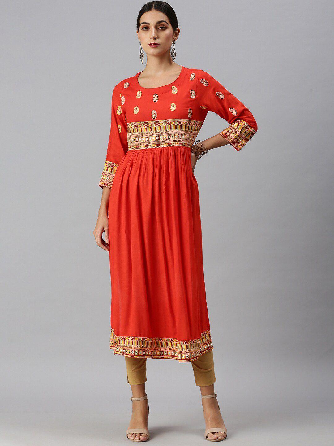 showoff ethnic motifs embroidered mirror work cotton a-line kurta