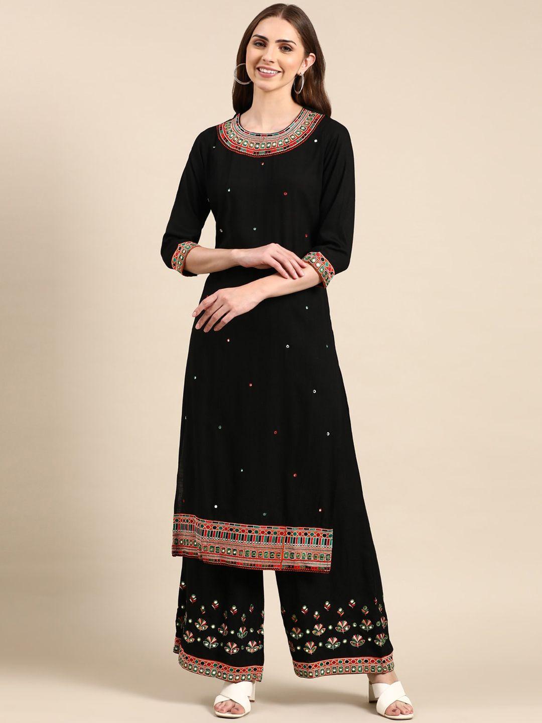 showoff ethnic motifs embroidered mirror work kurta with palazzos