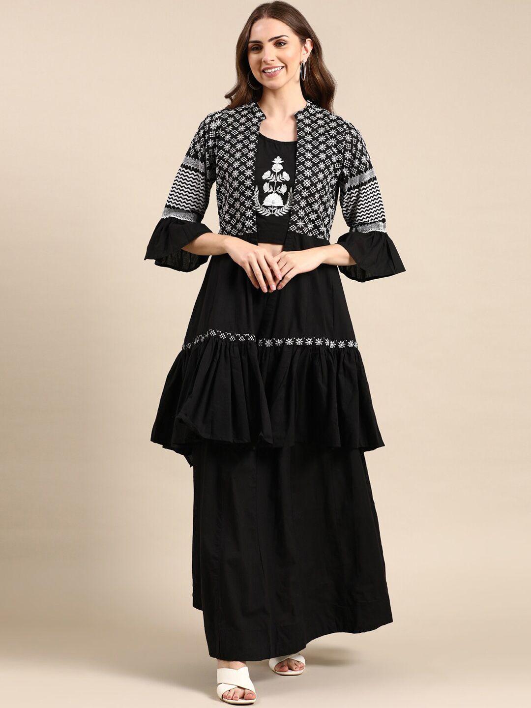 showoff ethnic motifs embroidered panelled thread work top with skirt with jacket