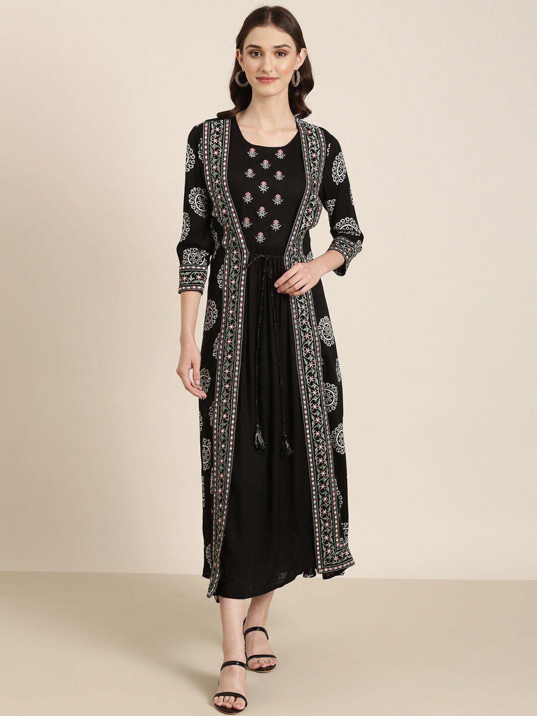 showoff ethnic motifs embroidered round neck a-line ethnic dress with shrug