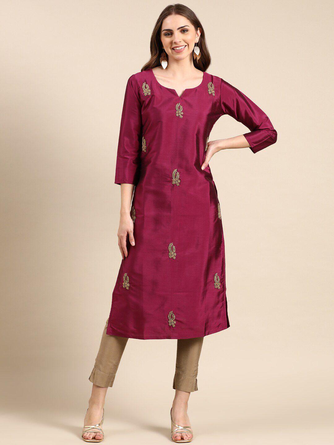 showoff ethnic motifs embroidered thread work raw silk kurta