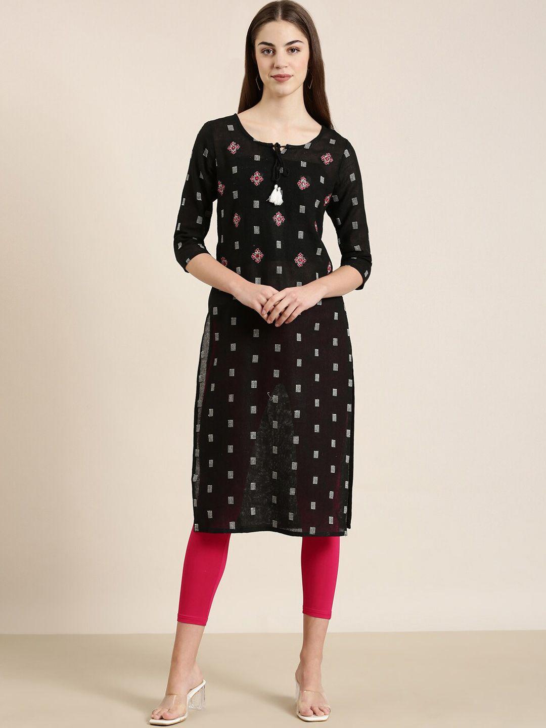 showoff ethnic motifs embroidered tie-up neck straight kurta