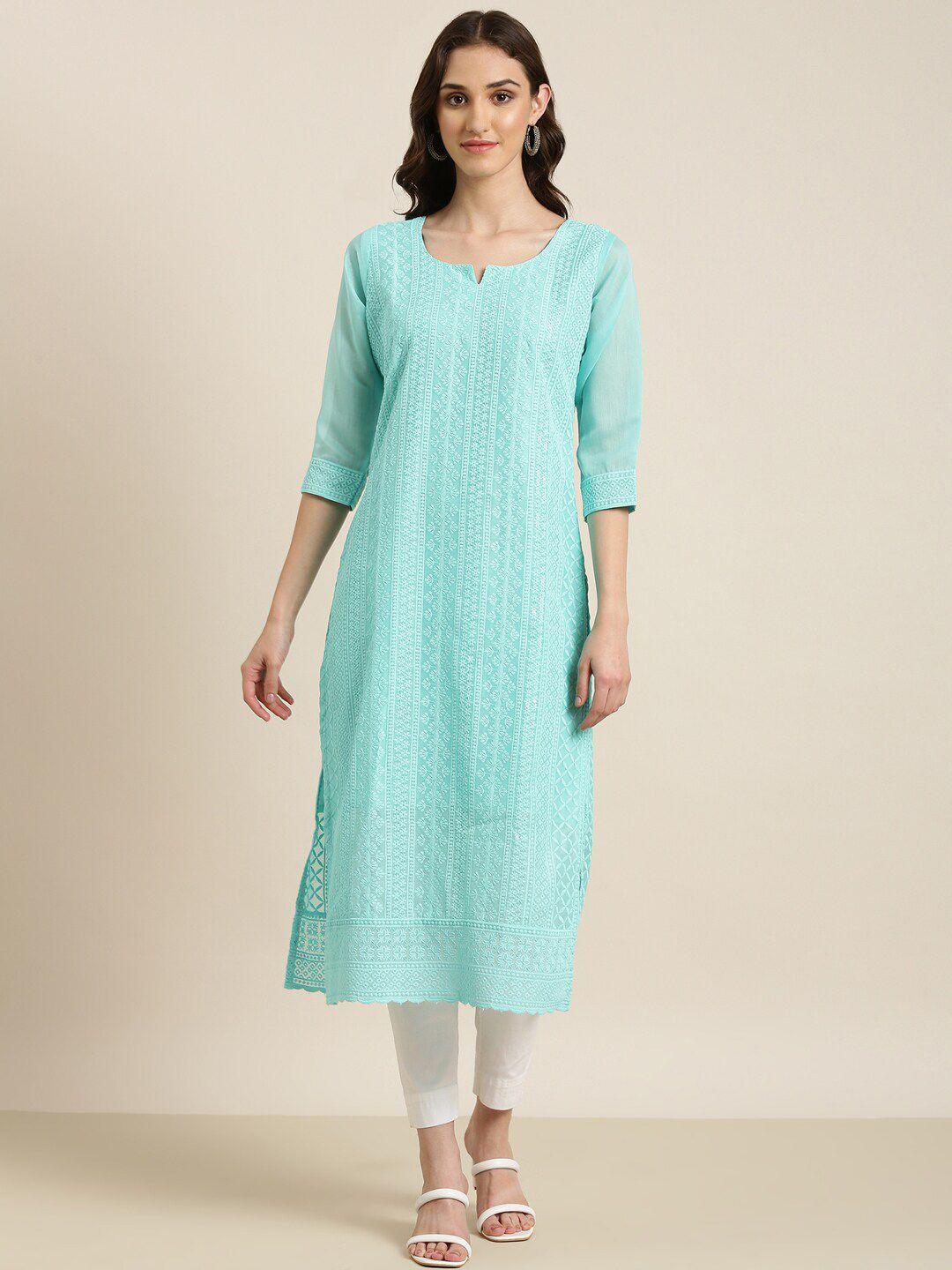 showoff ethnic motifs embrpoidered chikankari notched neck kurta