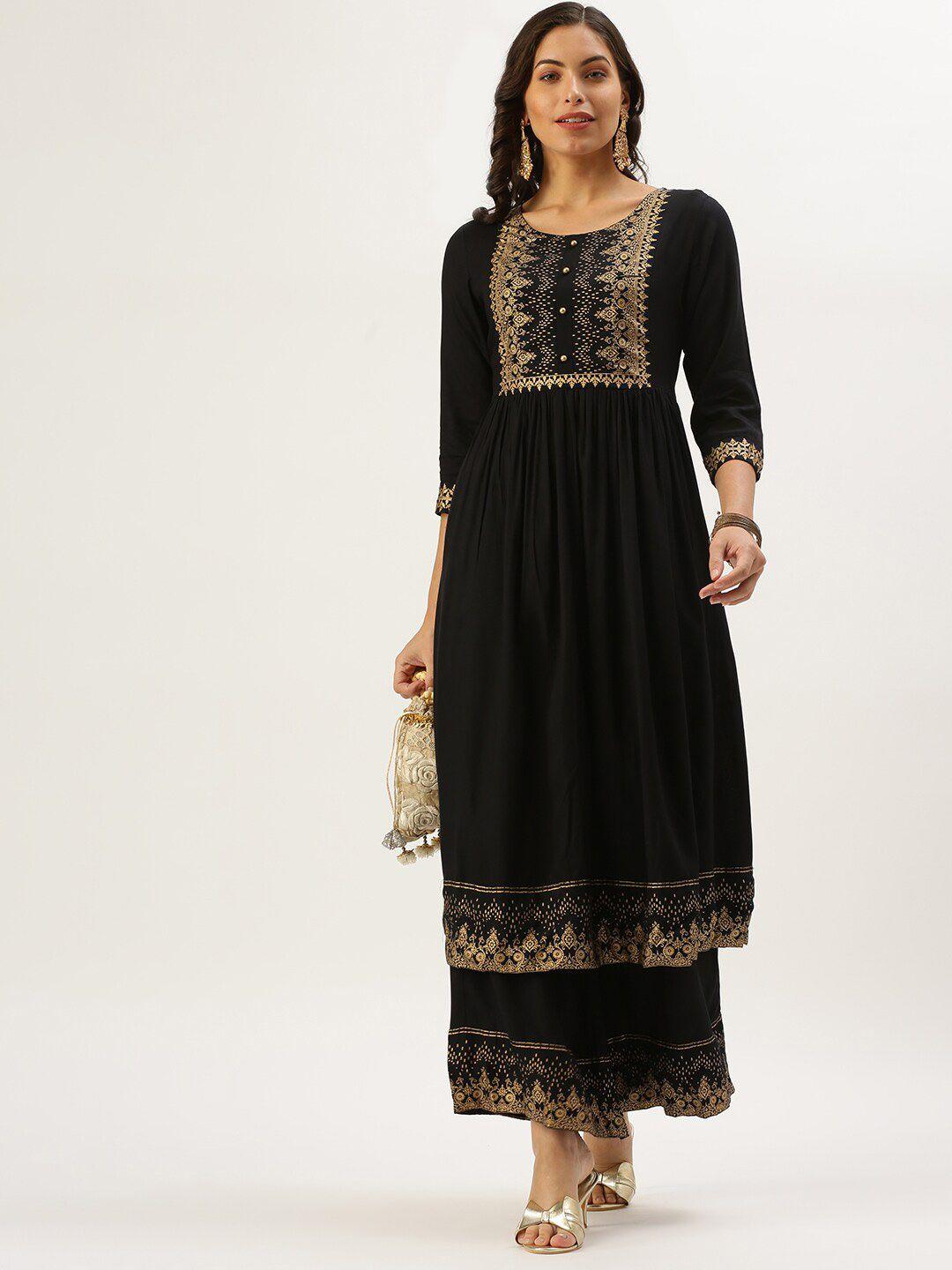 showoff ethnic motifs foil printed pleated a-line kurta with palazzos