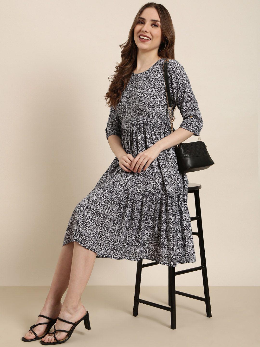 showoff ethnic motifs print cotton round neck roll-up sleeves fit & flare midi dress