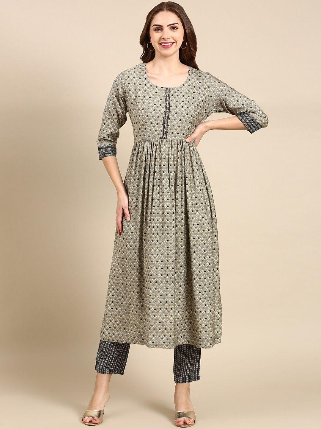 showoff ethnic motifs printed a-line beads and stones kurta with trousers