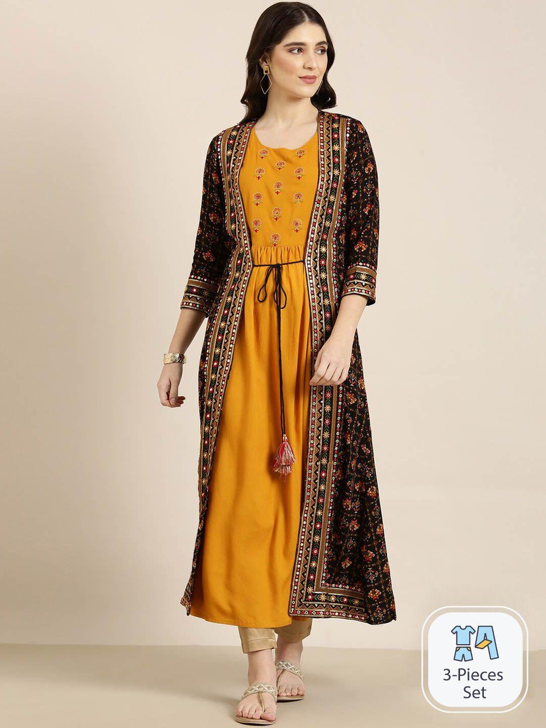 showoff ethnic motifs printed a-line cotton kurta with longline jacket