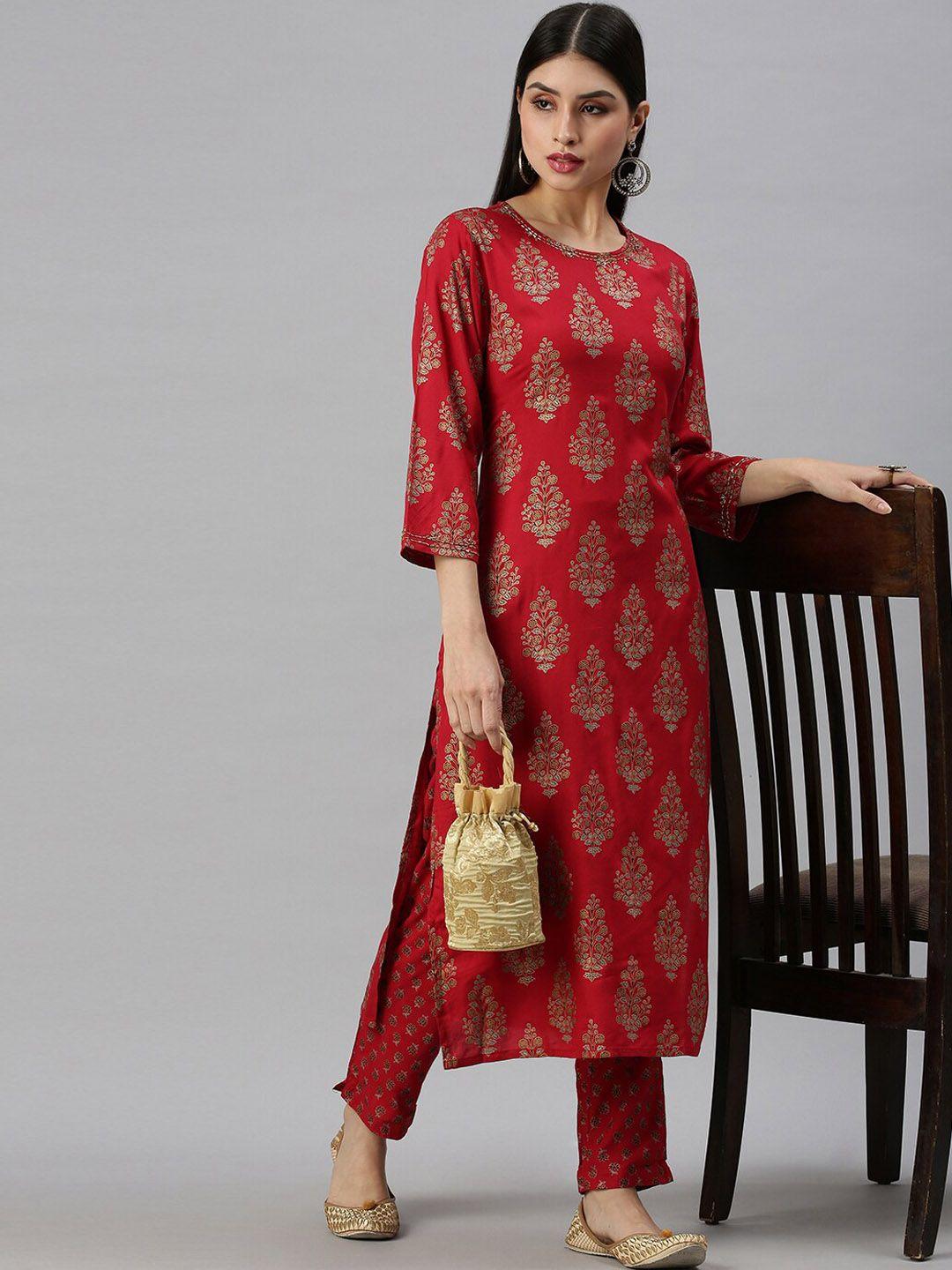 showoff ethnic motifs printed beads & stones kurta with trousers