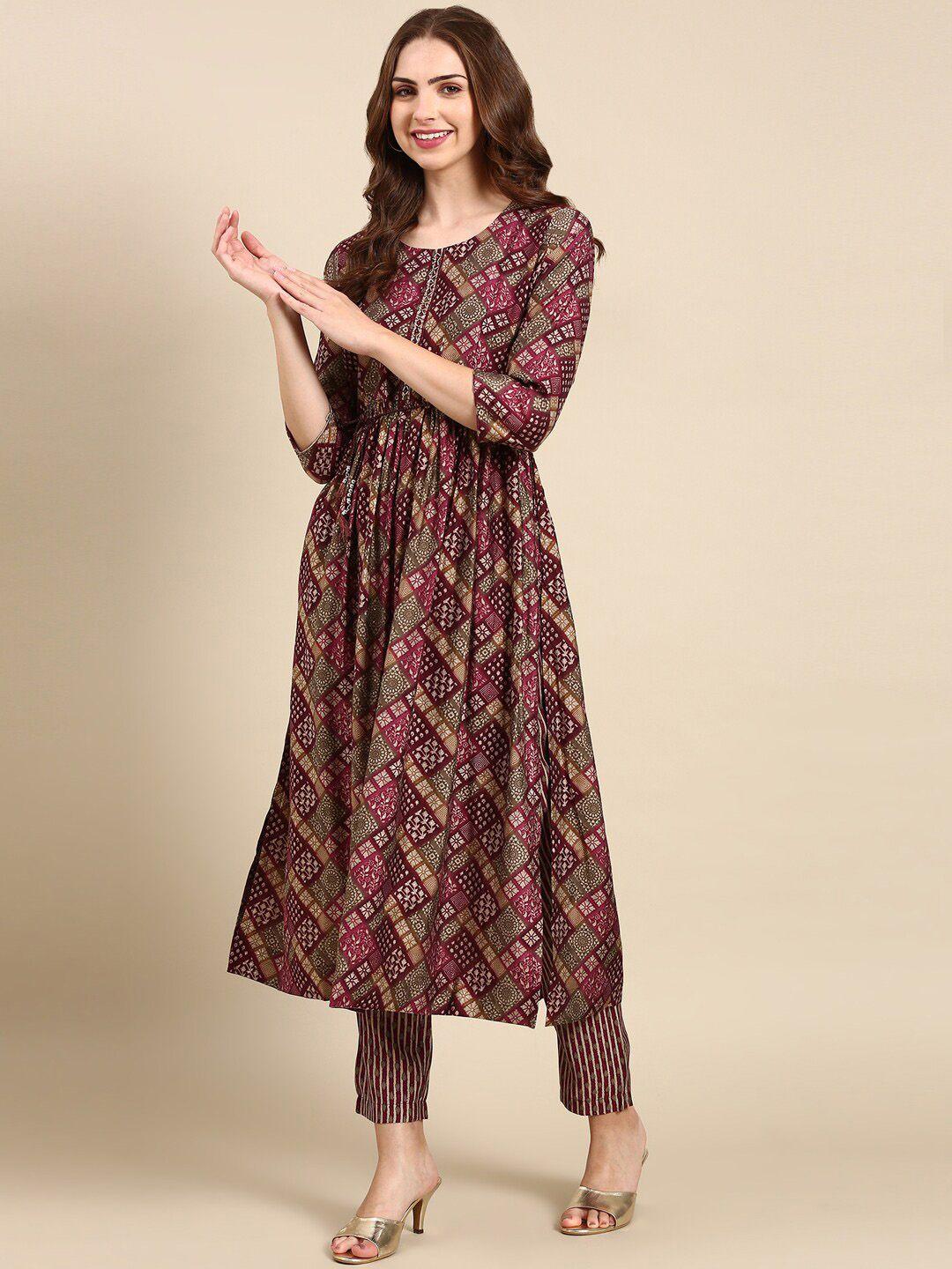 showoff ethnic motifs printed beads & stones pleated a-line kurta with trousers & dupatta