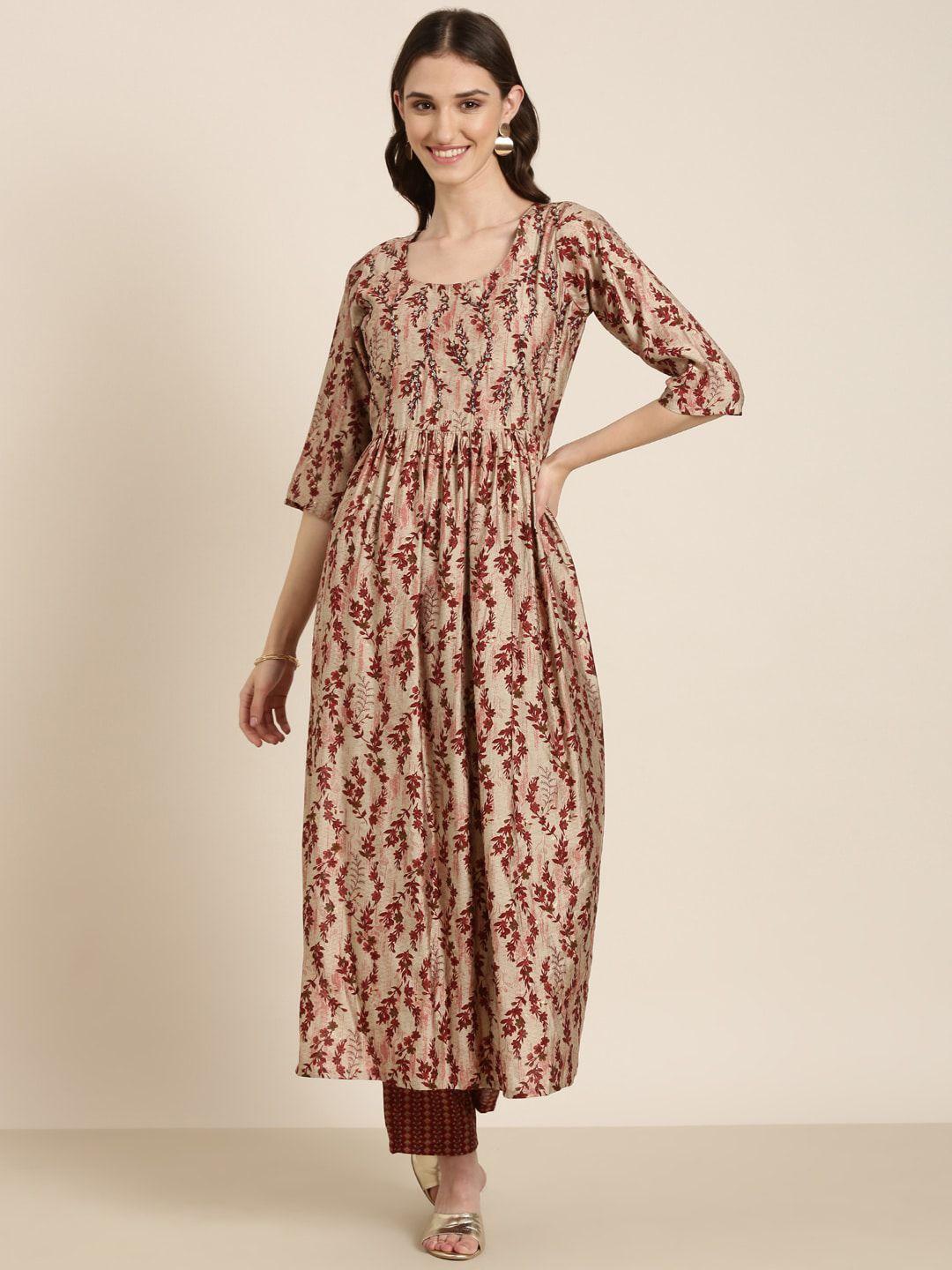 showoff ethnic motifs printed beads & stones pleated a-line kurta with trousers