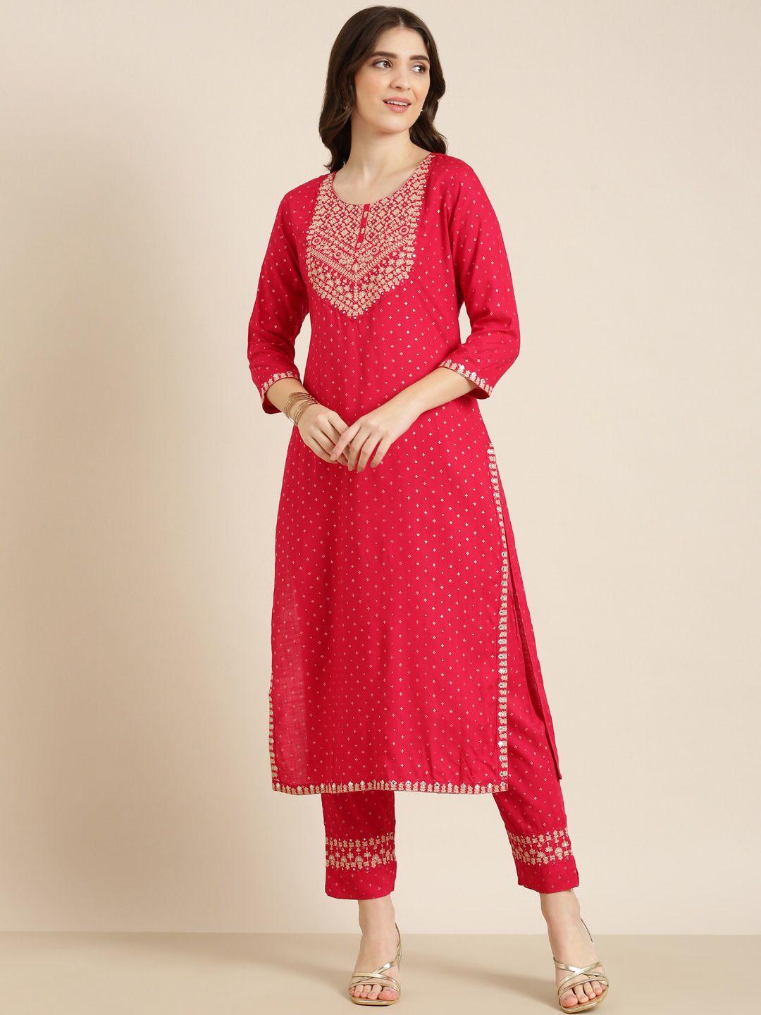 showoff ethnic motifs printed beads & stones straight kurta with trousers