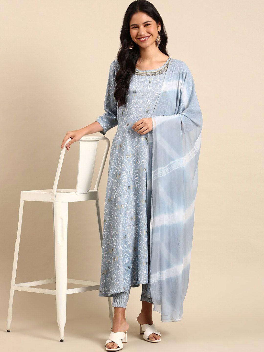 showoff ethnic motifs printed beads a-line kurta with trousers & dupatta