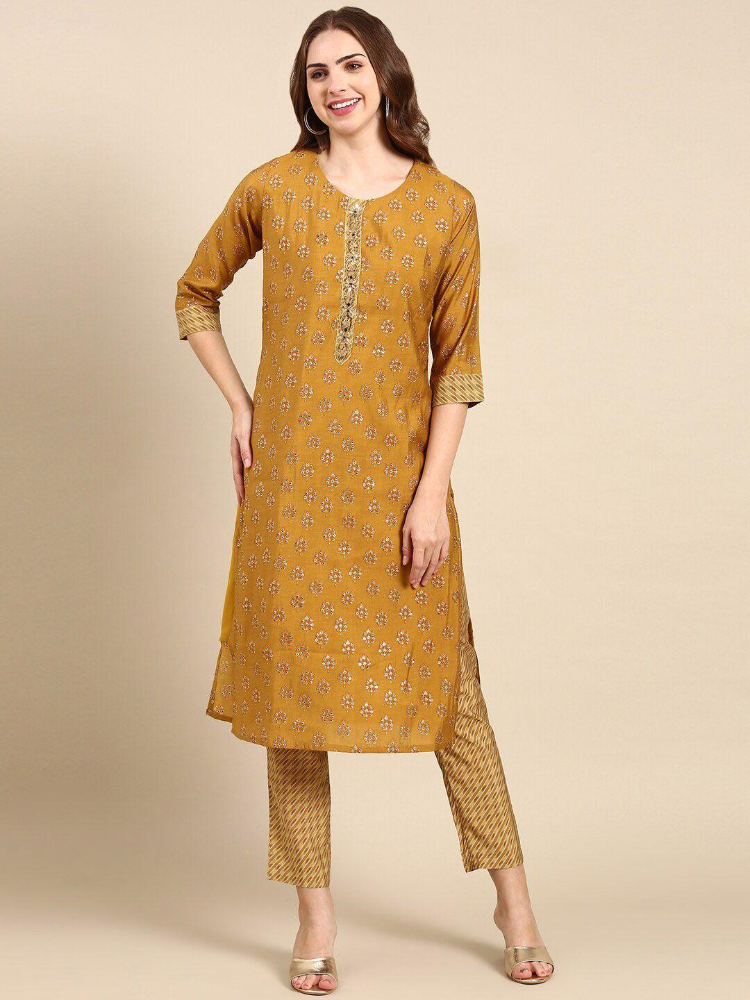 showoff ethnic motifs printed beads and stones dupion silk kurta with trousers