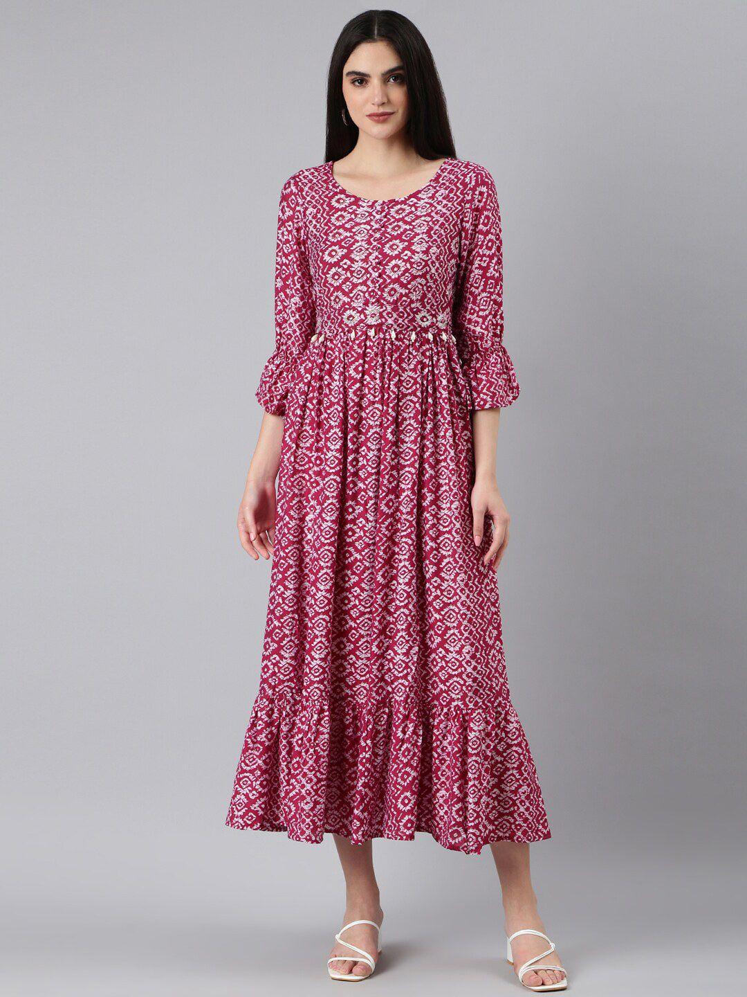 showoff ethnic motifs printed bell sleeve fit & flare midi dress