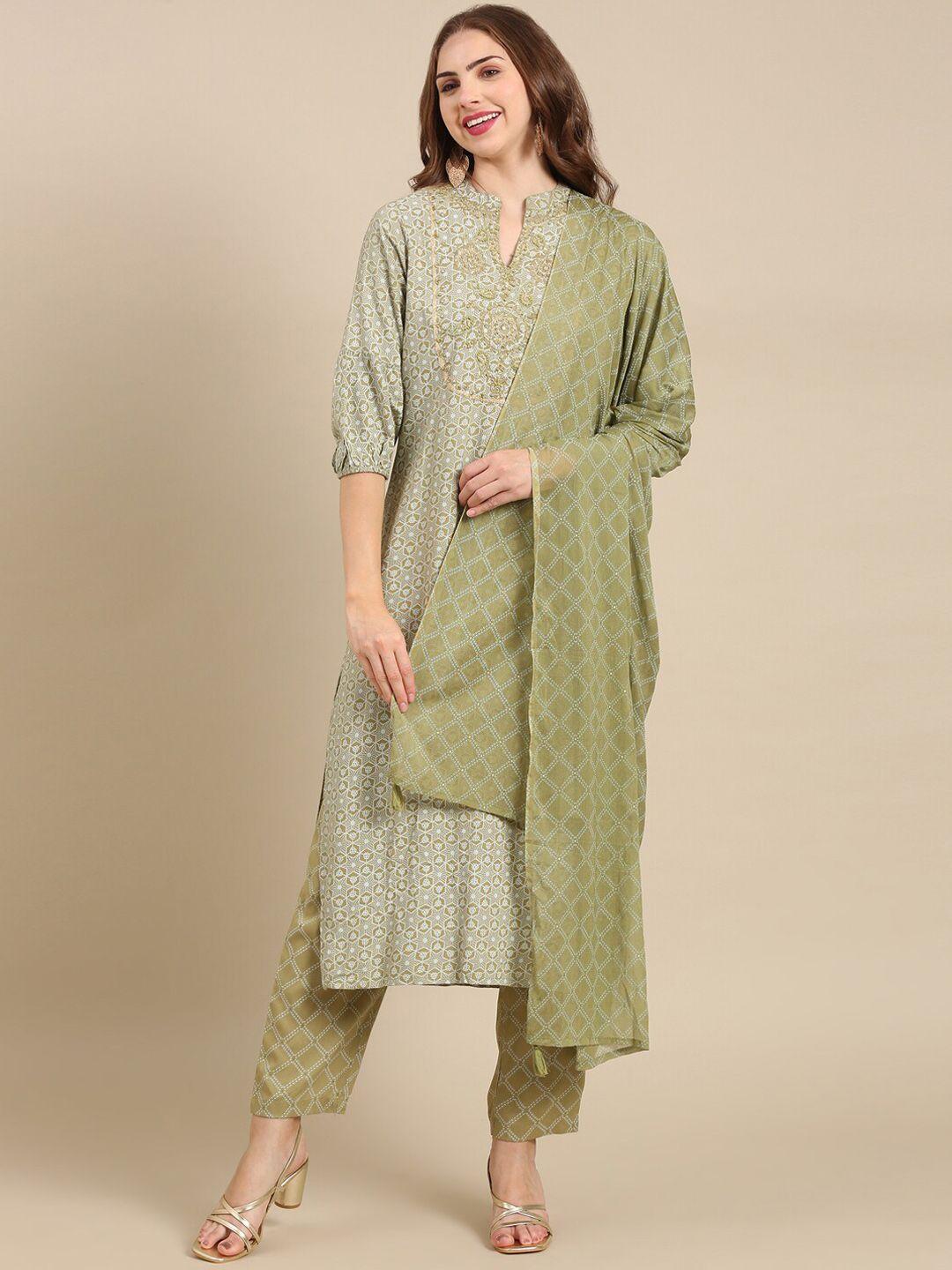 showoff ethnic motifs printed chanderi cotton kurta with trousers & dupatta