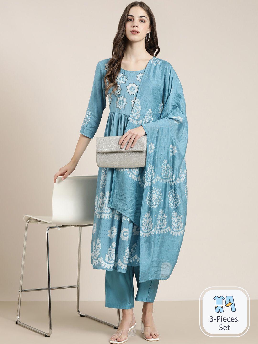 showoff ethnic motifs printed empire beads and stones kurta with trousers & dupatta