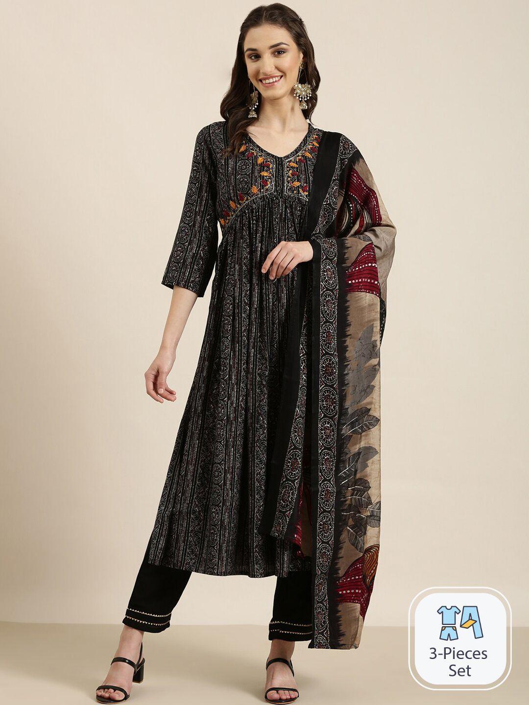 showoff ethnic motifs printed empire thread work kurta with trousers & dupatta