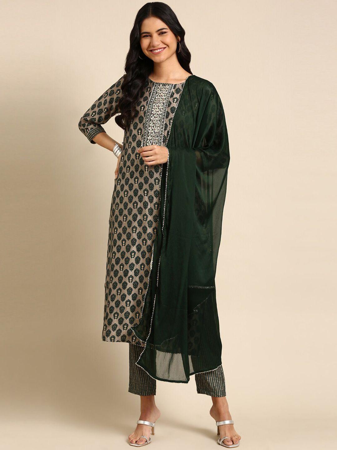 showoff ethnic motifs printed gotta patti chanderi silk kurta with trousers & dupatta