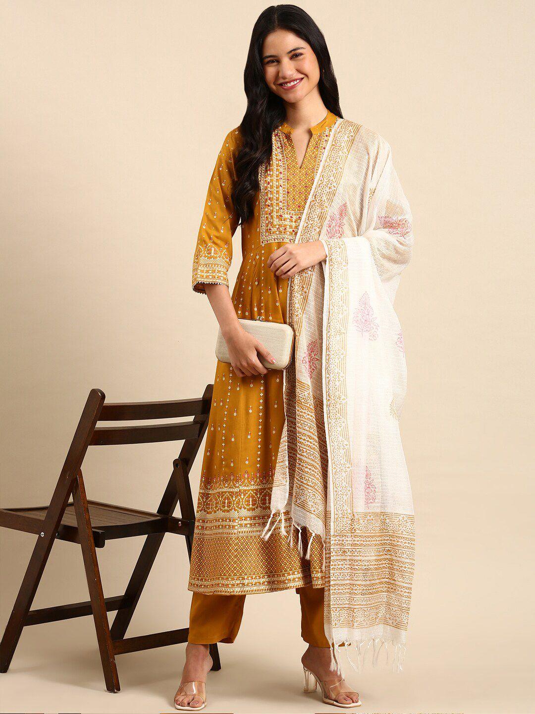 showoff ethnic motifs printed mirror work a-line kurta with trousers & dupatta