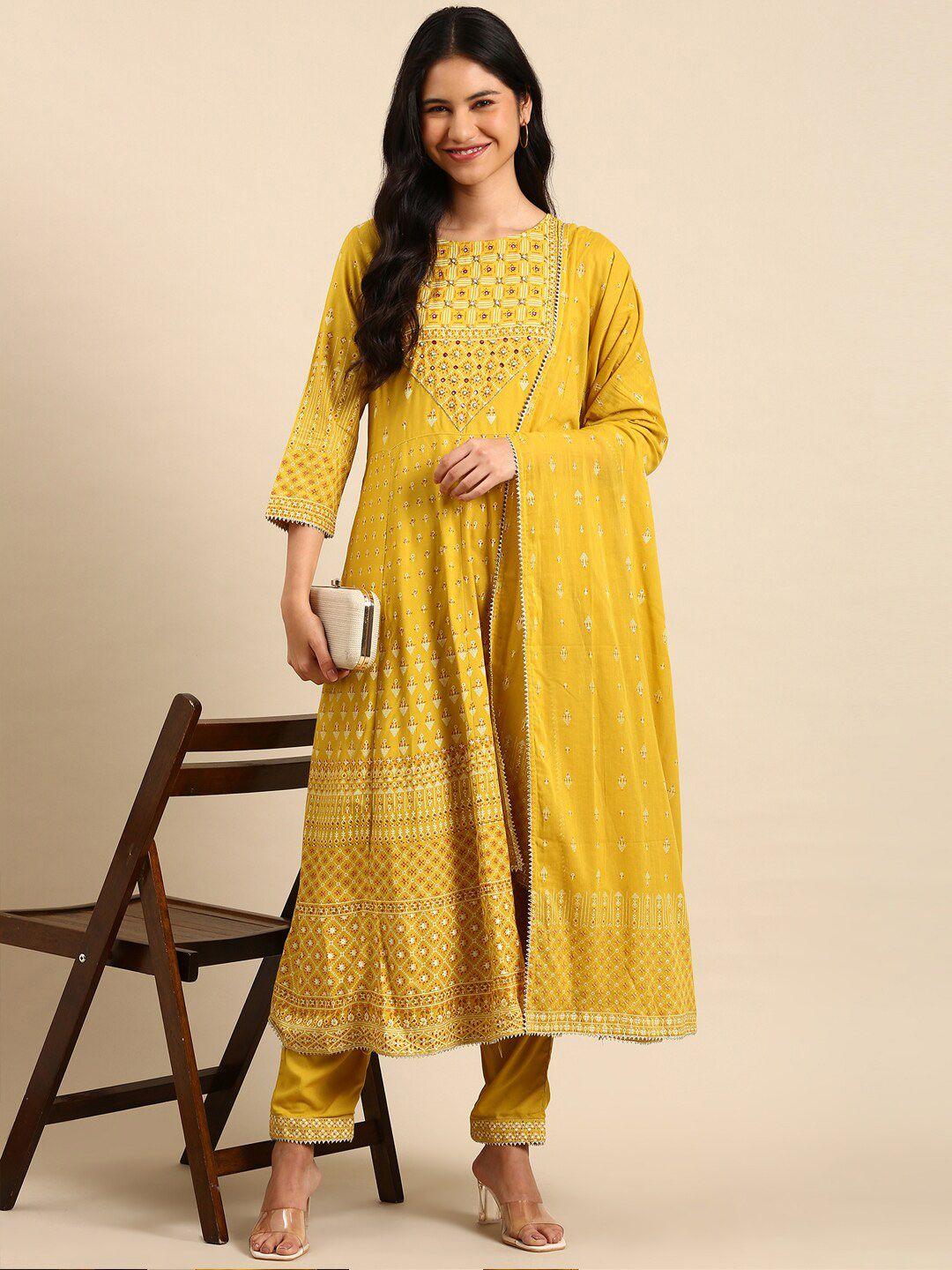 showoff ethnic motifs printed mirror work anarkali kurta with trousers & dupatta