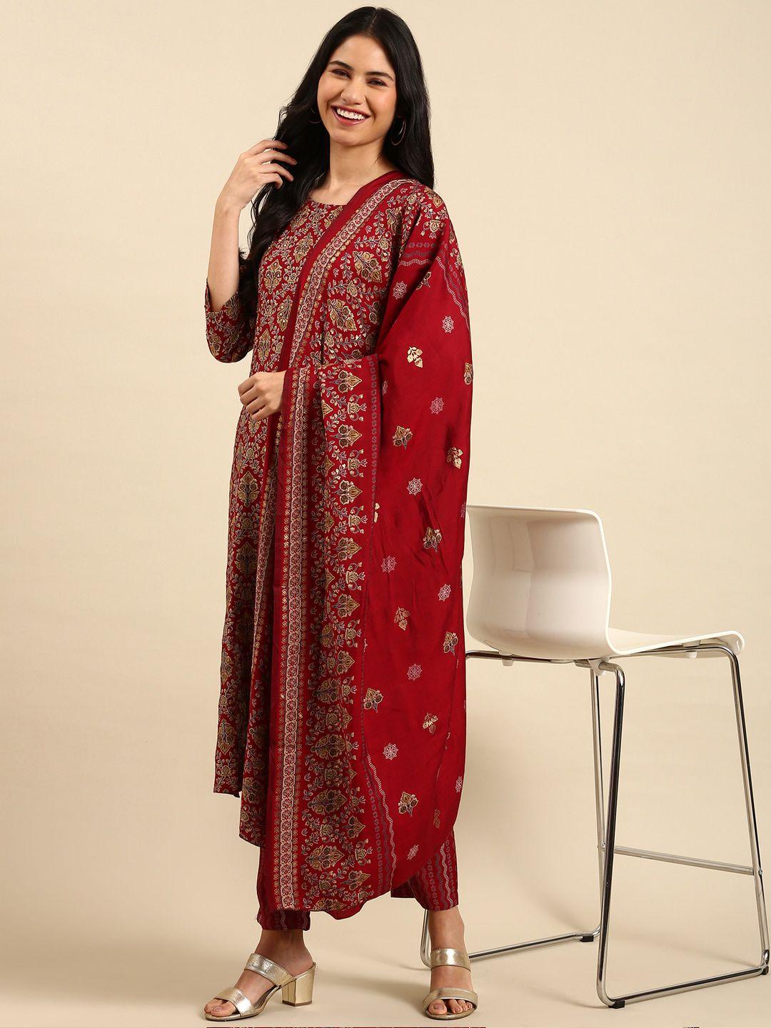 showoff ethnic motifs printed mirror work foil chanderi silk kurta with trousers & dupatta