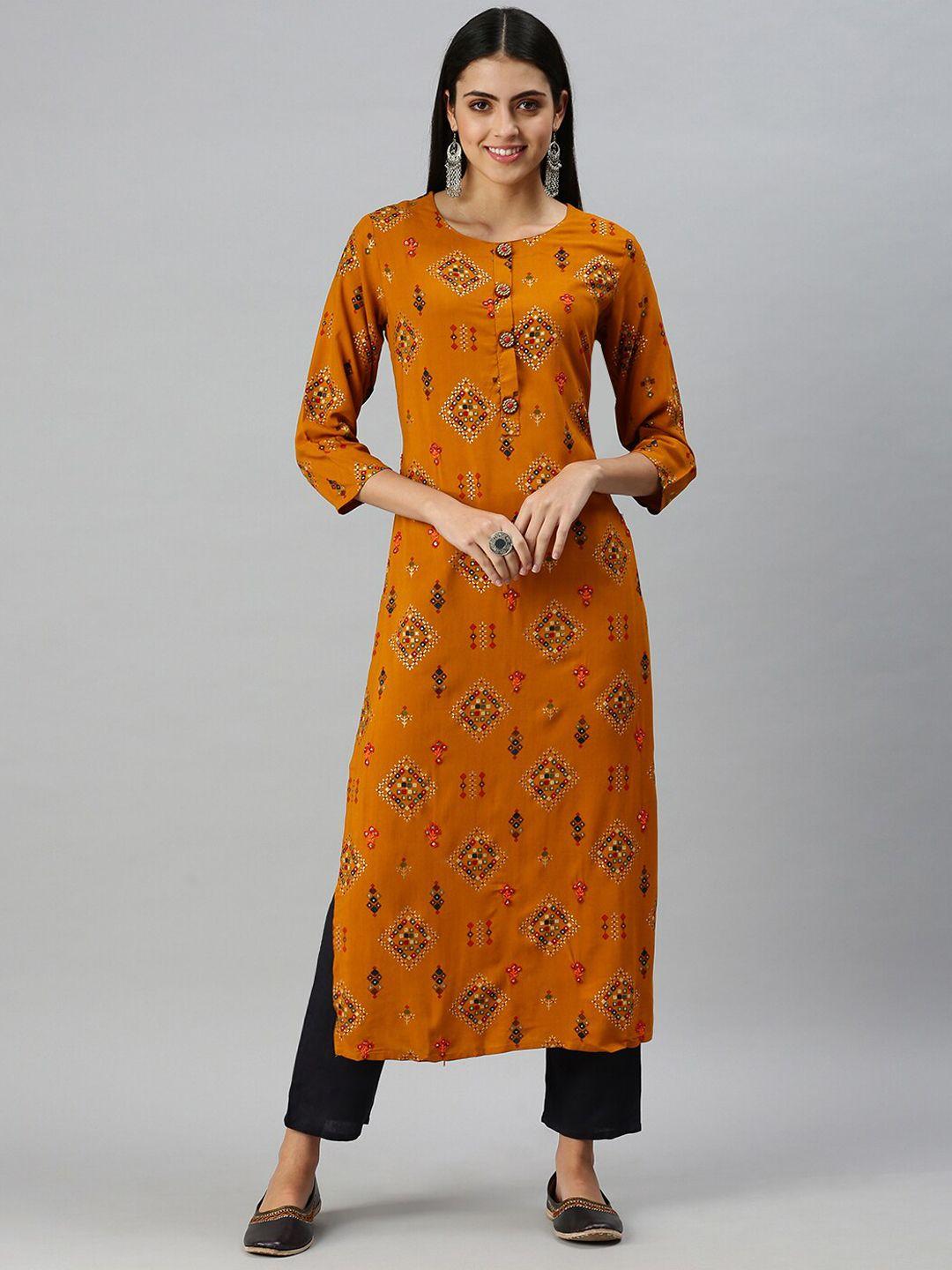 showoff ethnic motifs printed mirror work kurta