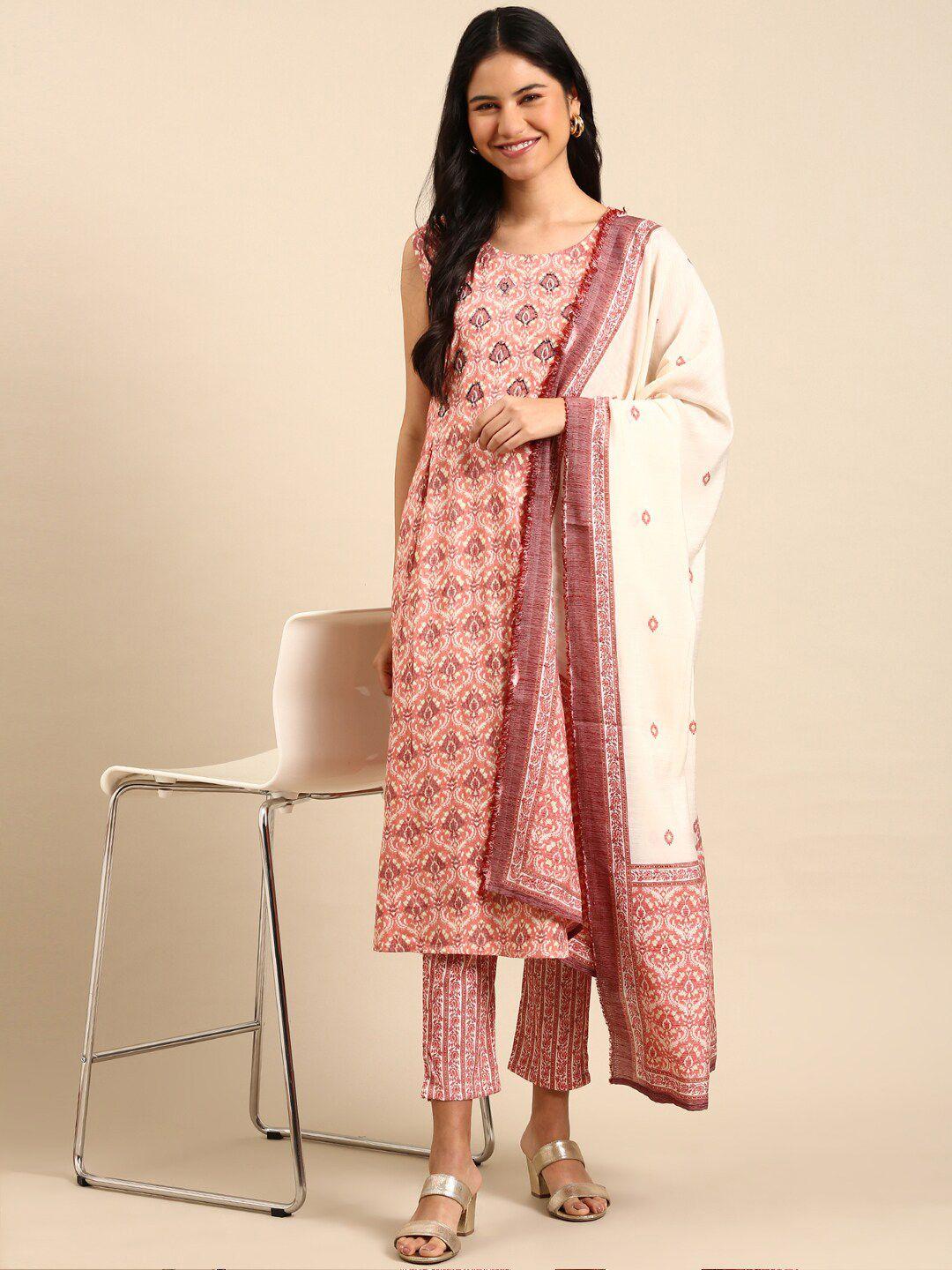 showoff ethnic motifs printed pleated beads work a-line kurta with trousers & dupatta