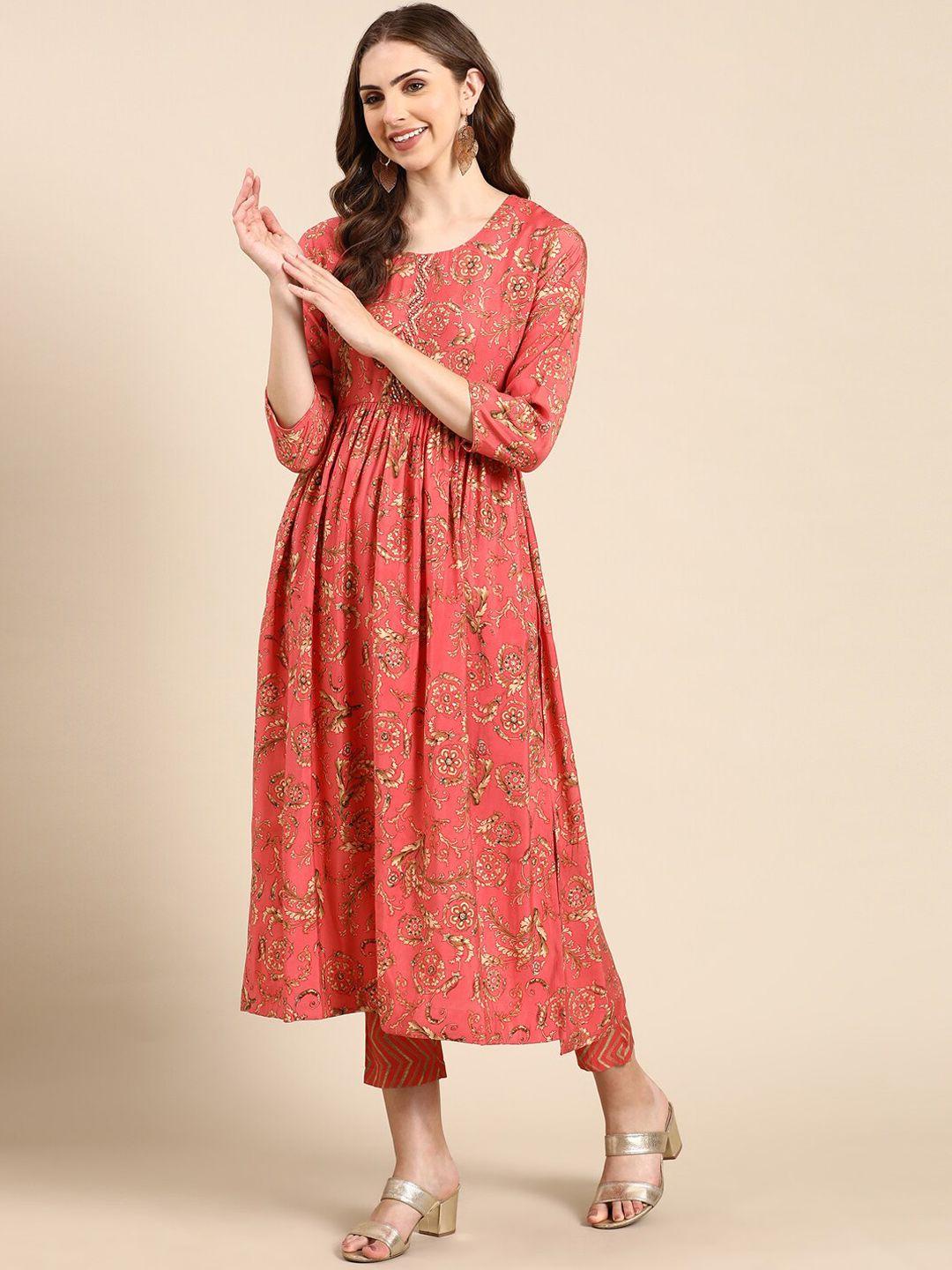 showoff ethnic motifs printed pleated kurta with trousers