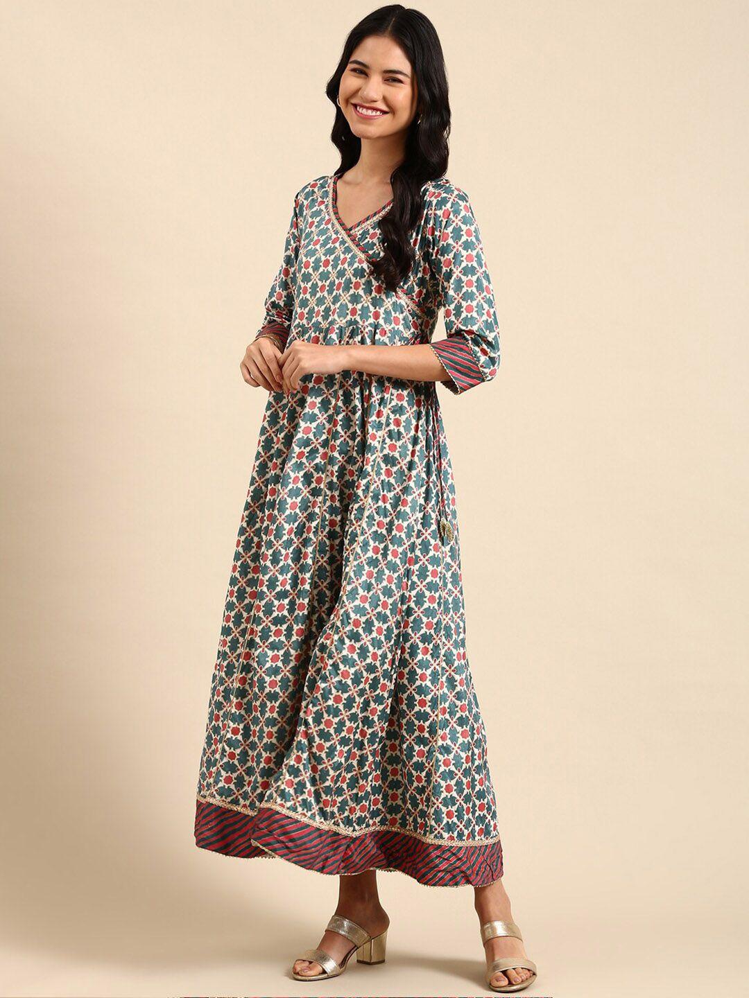 showoff ethnic motifs printed sequinned chanderi silk anarkali kurta with dupatta