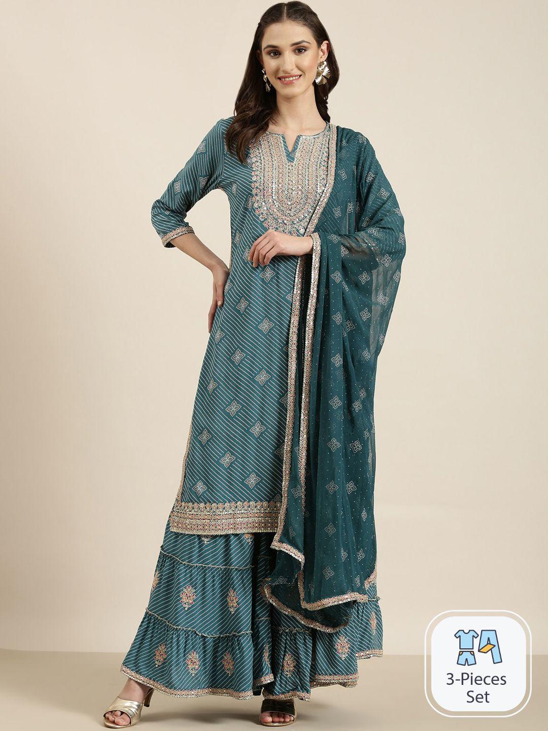 showoff ethnic motifs printed sequinned straight kurta & sharara with dupatta