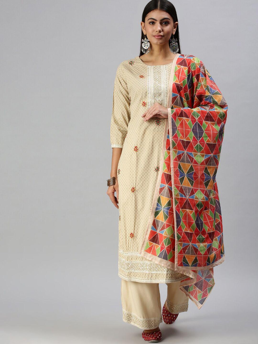 showoff ethnic motifs printed thread work kurta with palazzos & dupatta