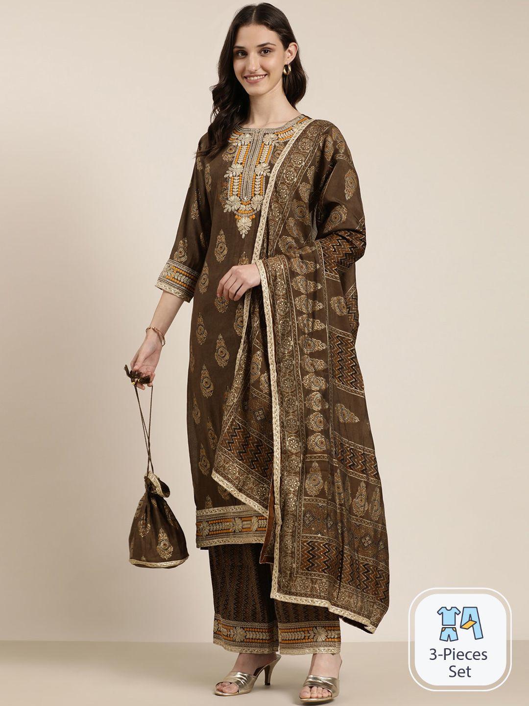 showoff ethnic motifs printed thread work kurta with trousers & dupatta