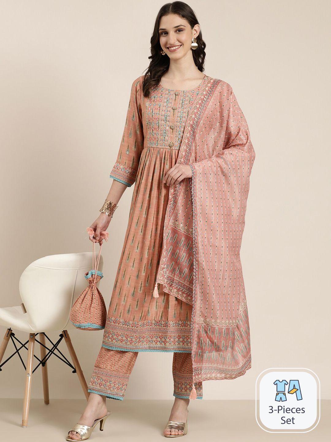 showoff ethnic motifs printed thread work pleated a-line kurta with trousers & dupatta