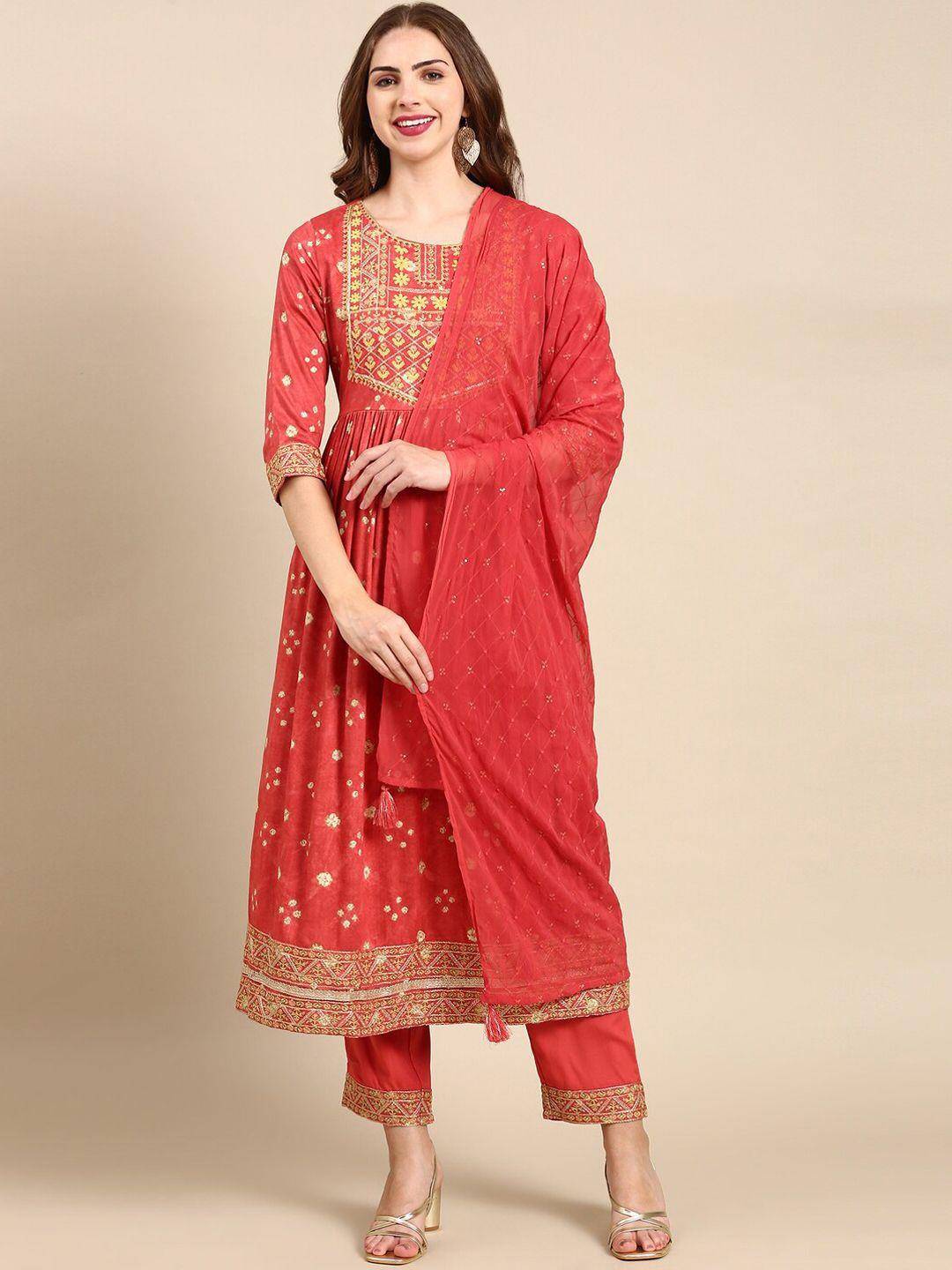 showoff ethnic motifs printed thread work sequinned kurta with trousers & dupatta