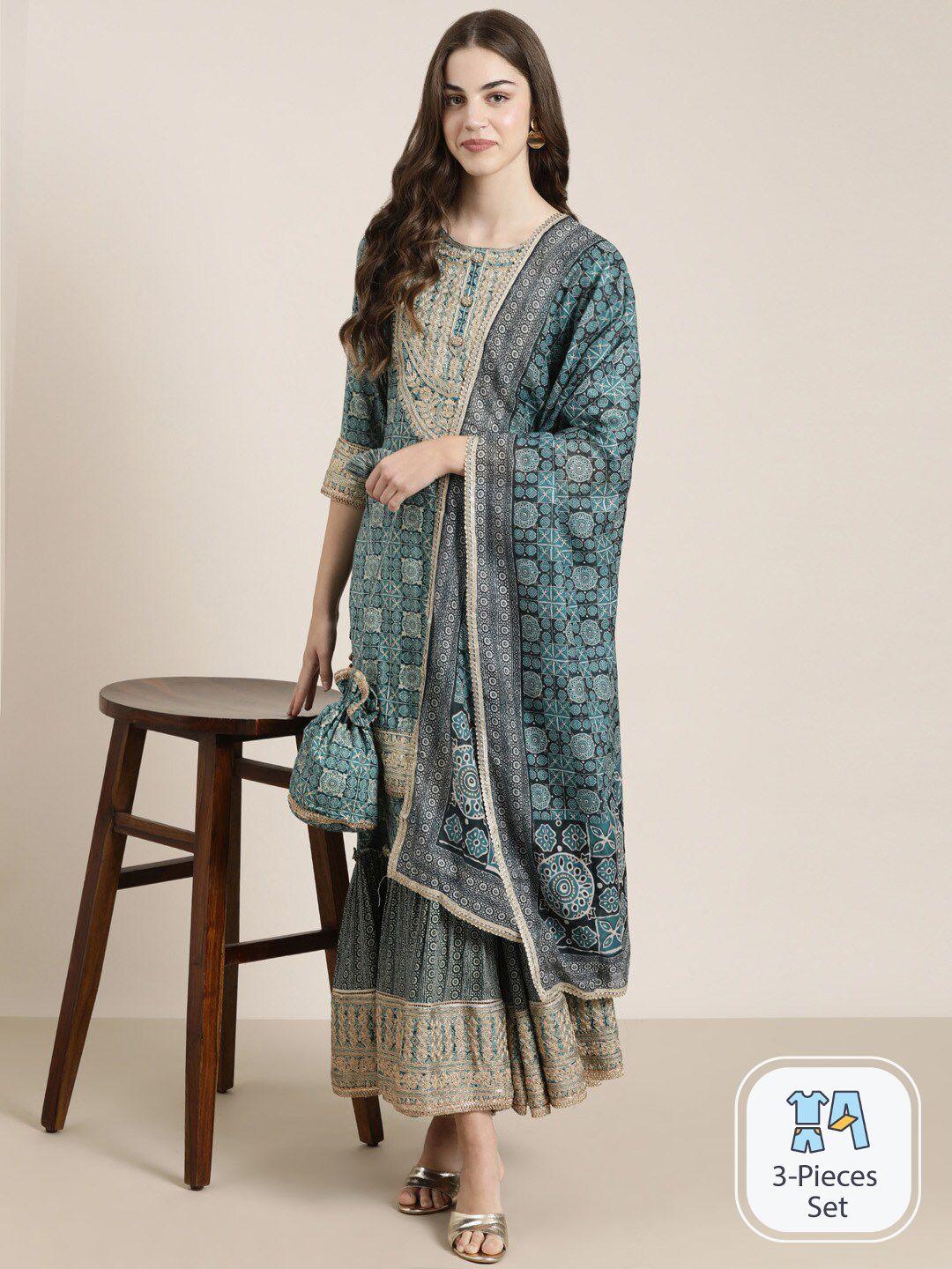 showoff ethnic motifs printed thread work straight kurta with sharara & dupatta