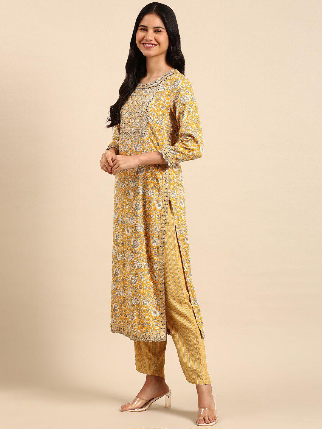 showoff ethnic motifs printed thread work straight kurta with trousers & dupatta