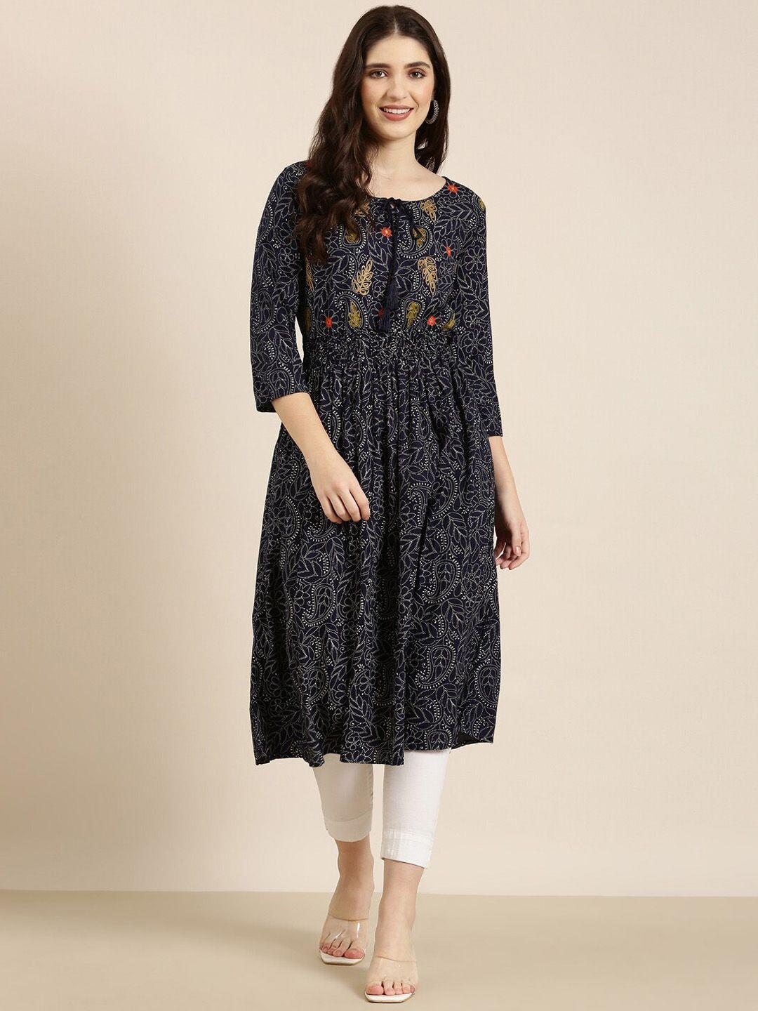 showoff ethnic motifs printed tie-up neck kurta