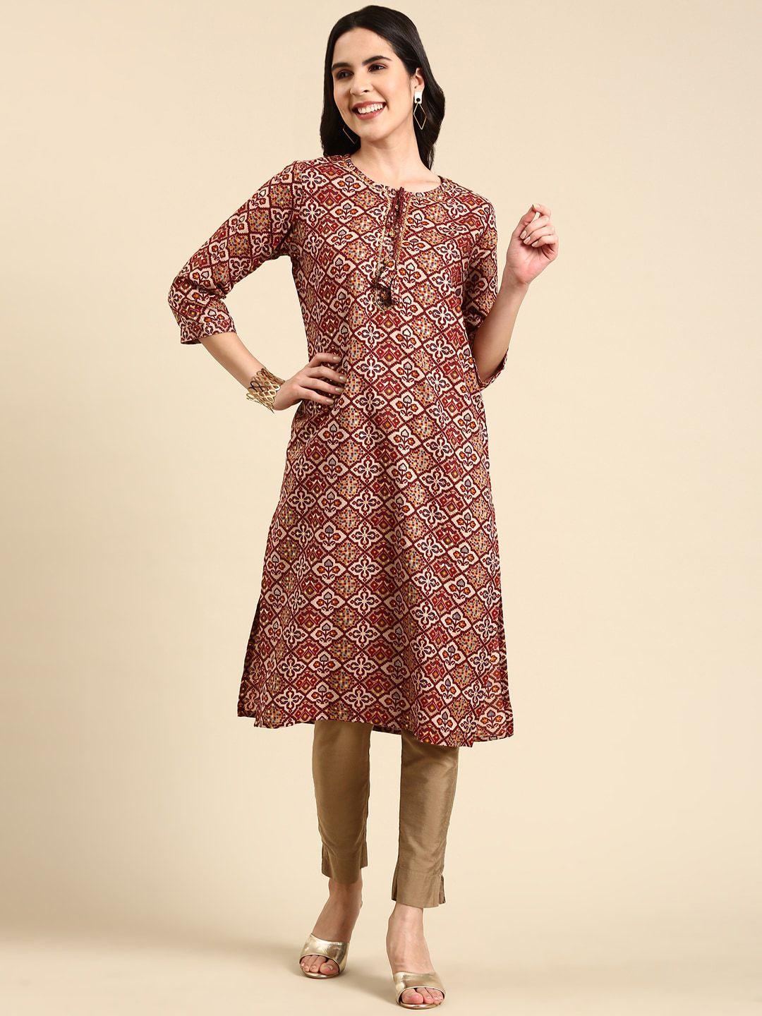 showoff ethnic motifs printed tie-up neck pleated a-line kurta