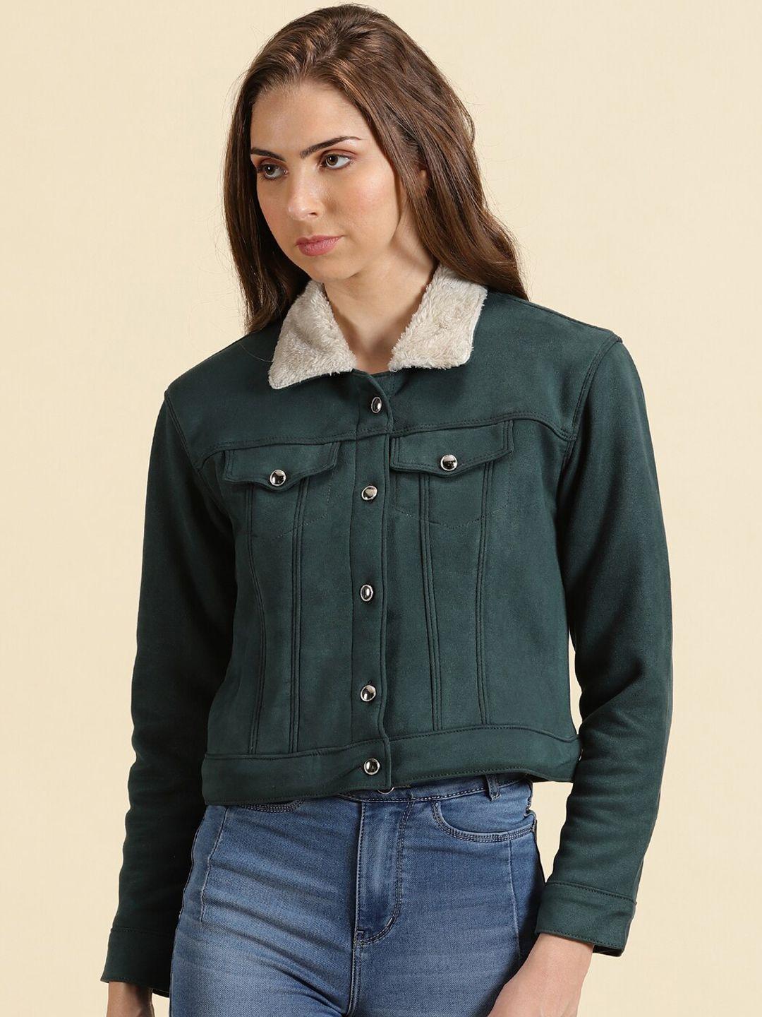 showoff fleece crop tailored jacket with faux fur trim