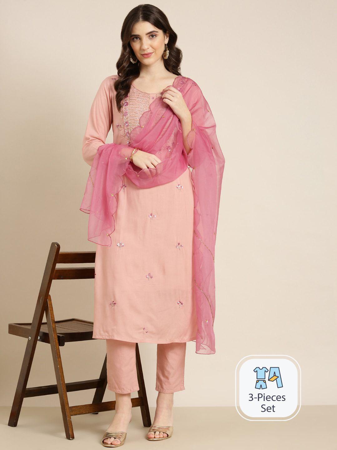 showoff floral embroidered beads and stones straight kurta with trousers & dupatta