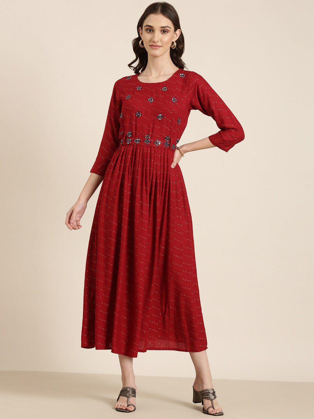 showoff floral embroidered cotton fit & flare midi dress