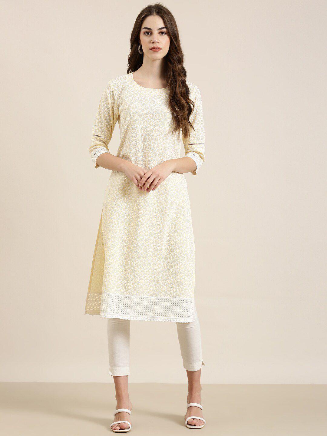 showoff floral embroidered cotton straight kurta