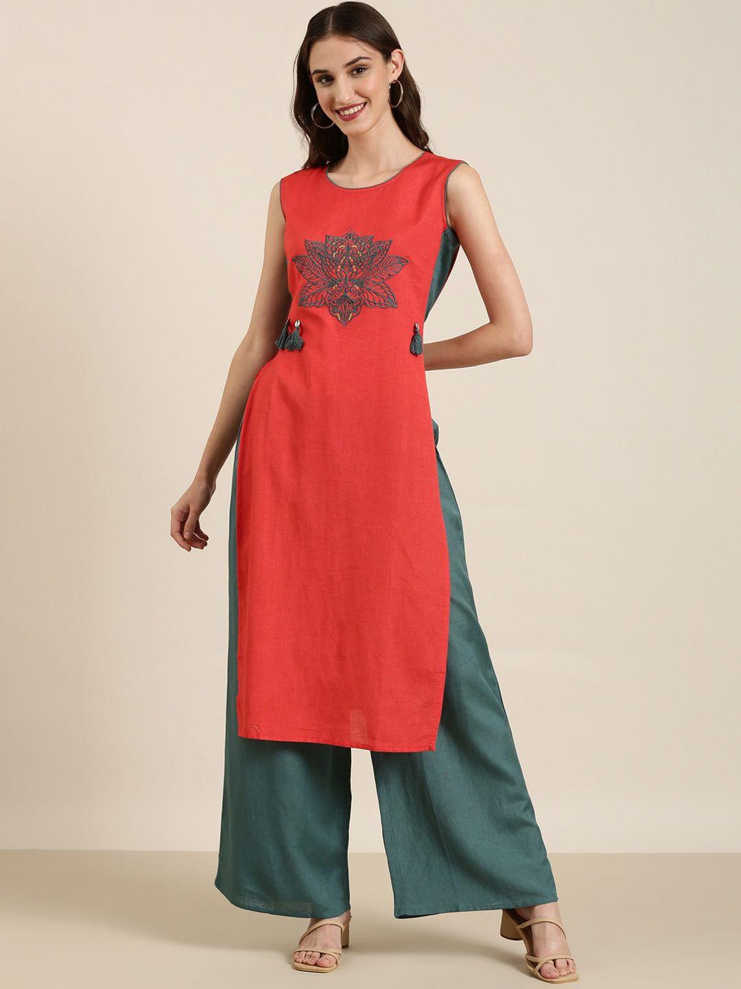 showoff floral embroidered high slit kurta with palazzos