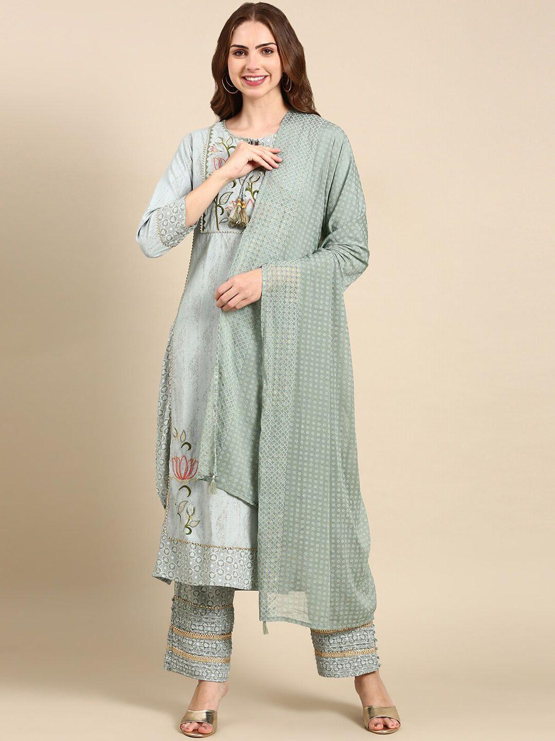 showoff floral embroidered pure cotton kurta with trousers & dupatta